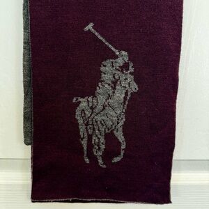 Polo Ralph Lauren Burgundy & Gray Reversible Wool Scarf Big Pony Logo 73 x 8